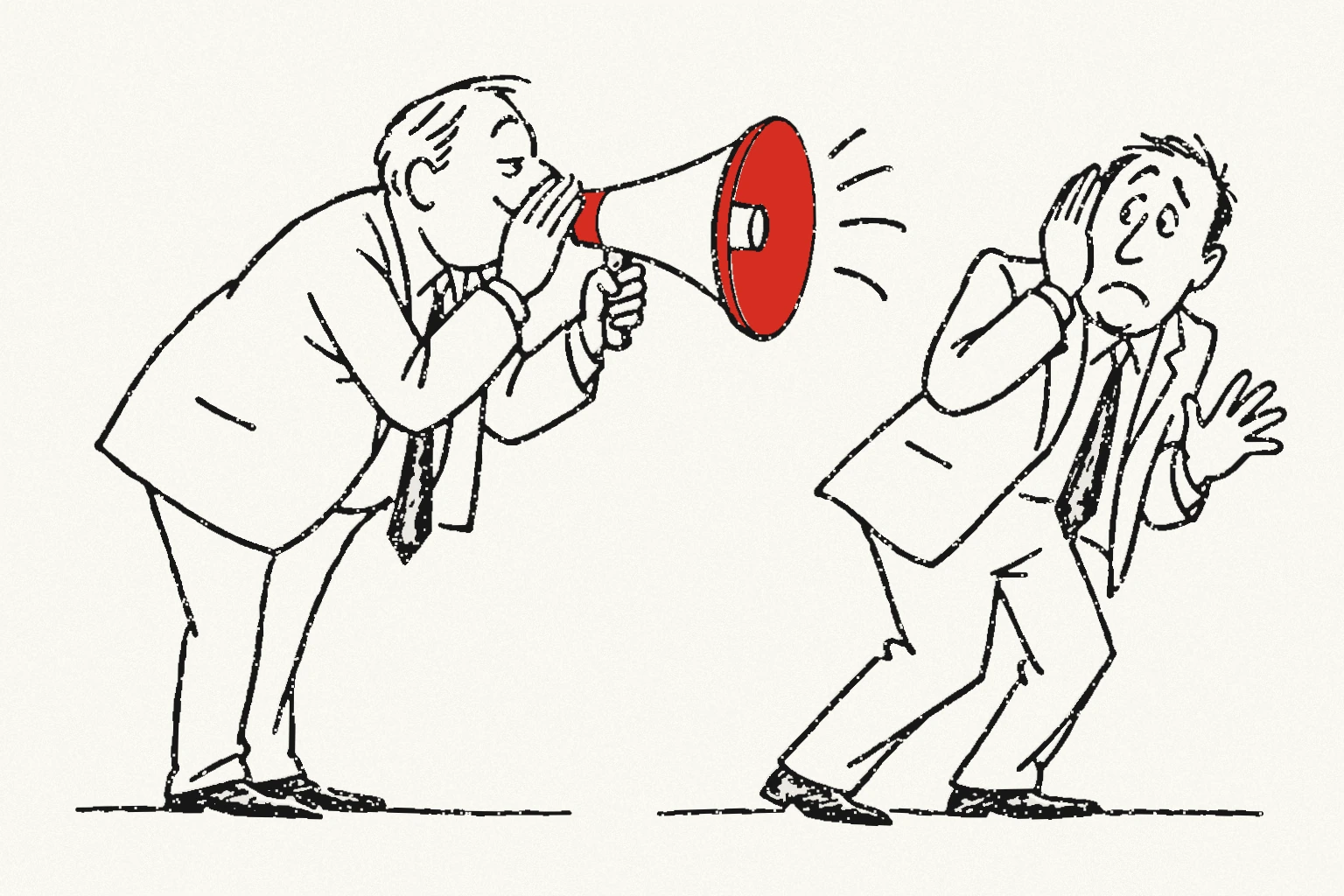 A man shields his mouth as if whispering while speaking through a megaphone; the other man covers his ear.