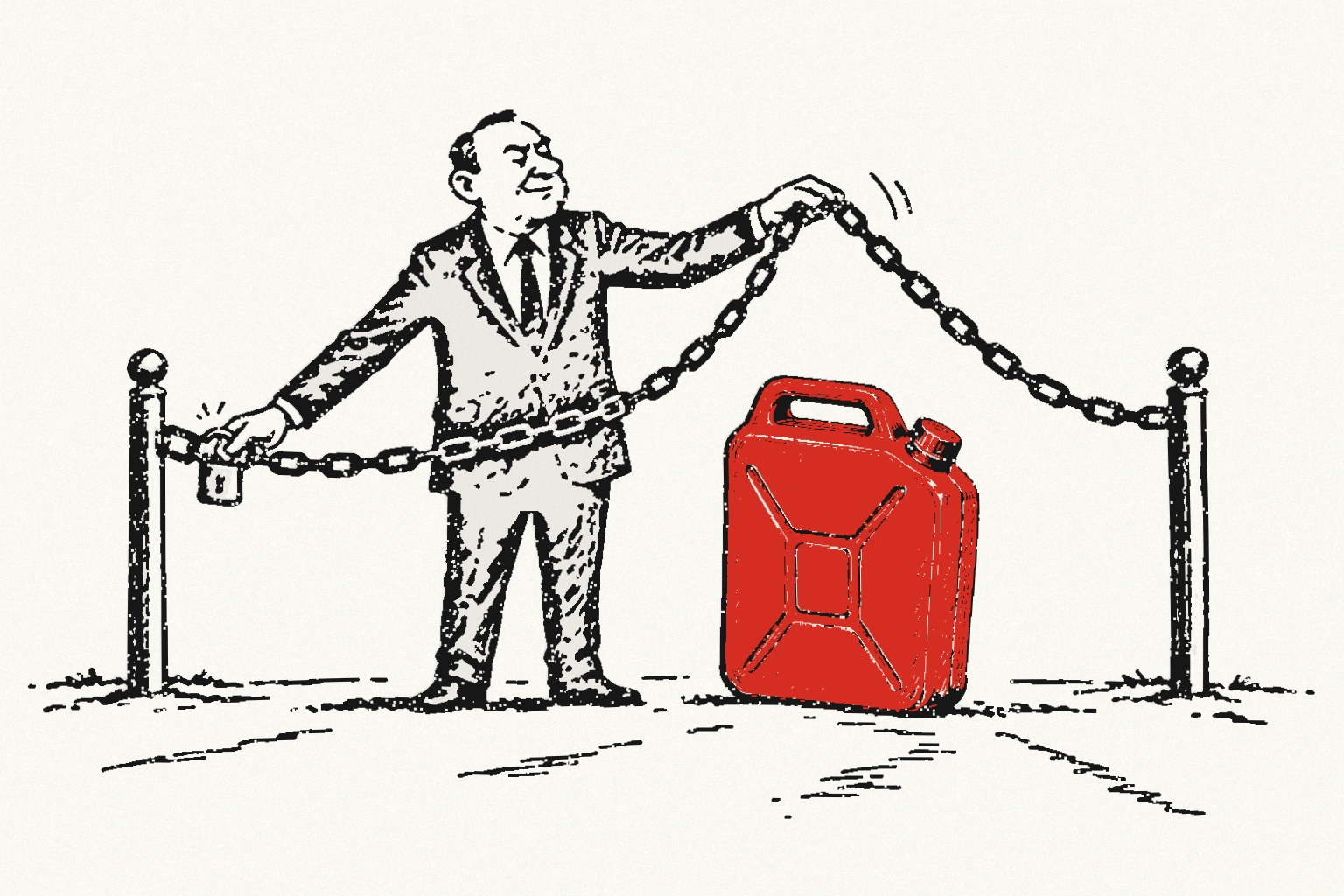 An official locks a chain with one hand and lifts the same chain over a red fuel can with the other.