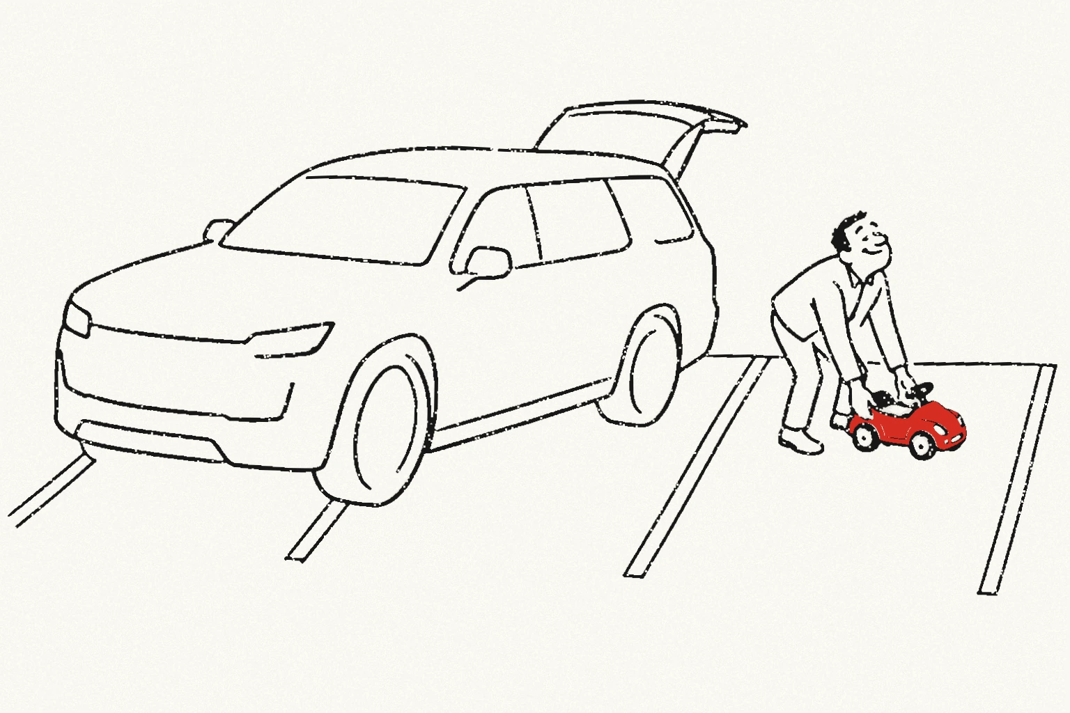 A large SUV occupies two parking bays while its driver reserves the third with a tiny red ride-on toy car.