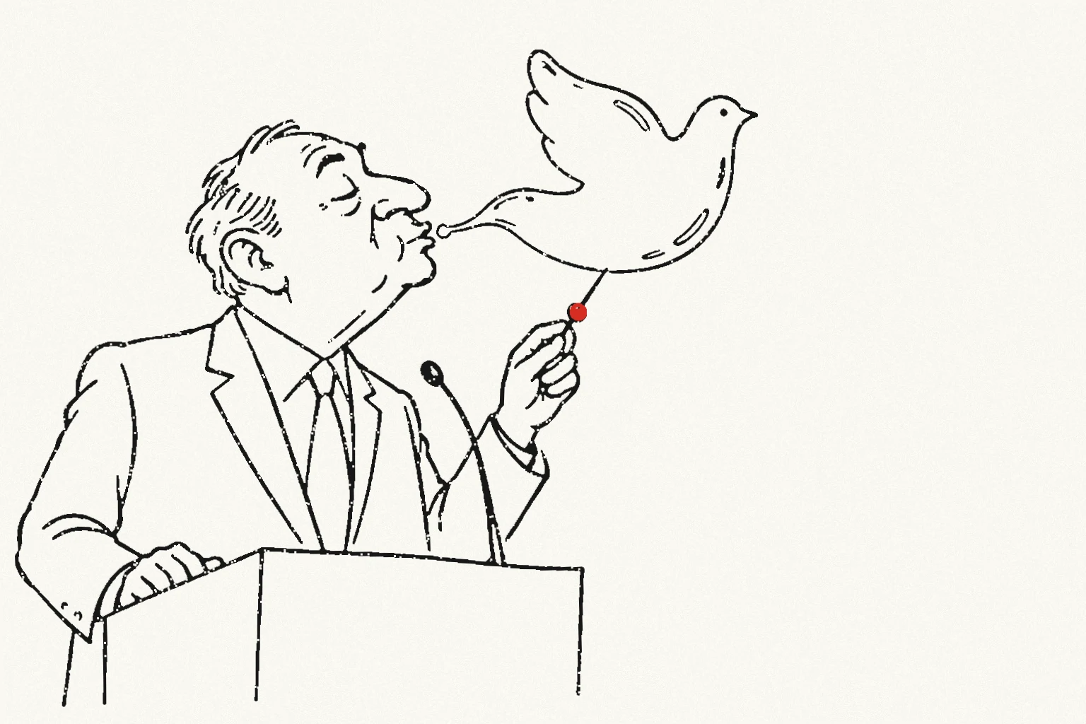 A diplomat blows a dove-shaped bubble while preparing a pin to burst it.