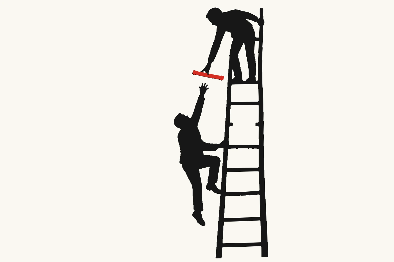 The person higher up a ladder offers the climber below a red rung removed from that same ladder.