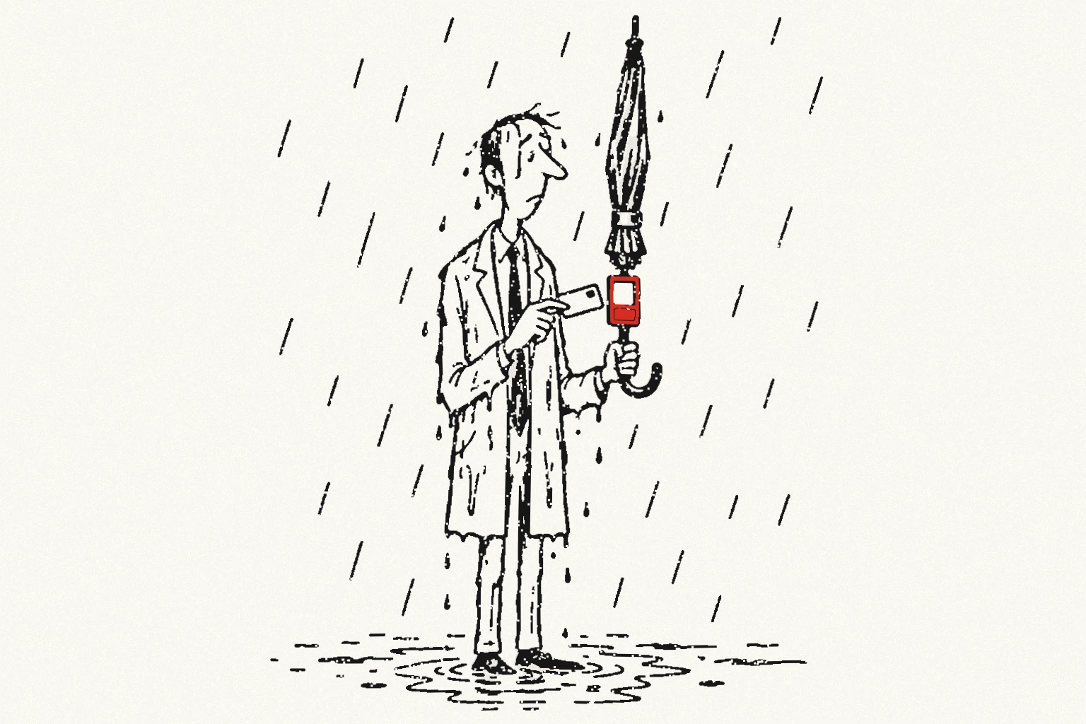 A drenched man taps a payment card against the red terminal on his closed umbrella.
