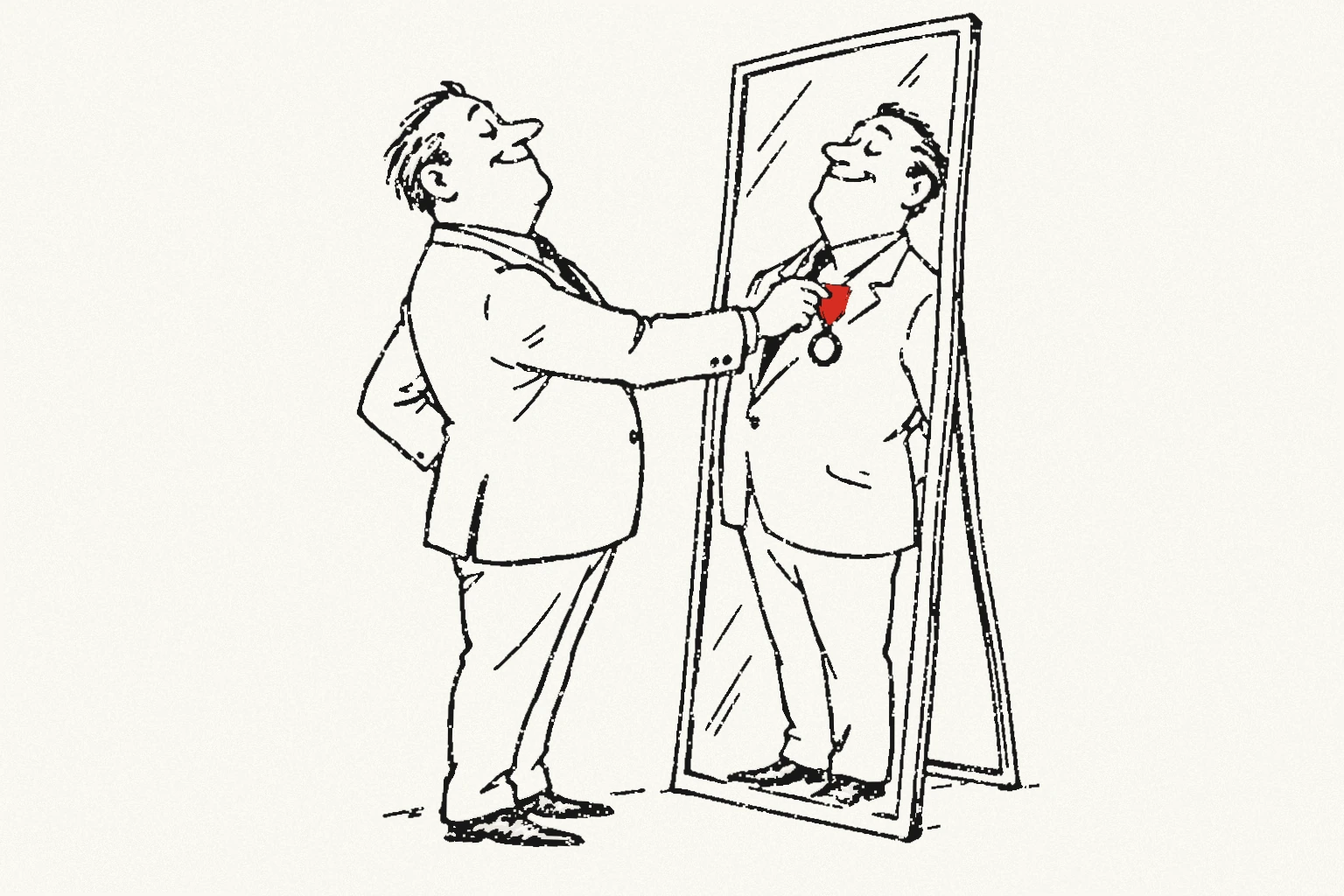 A pleased man in a suit pins a red medal onto his own reflection in a standing mirror. His actual chest has no medal.