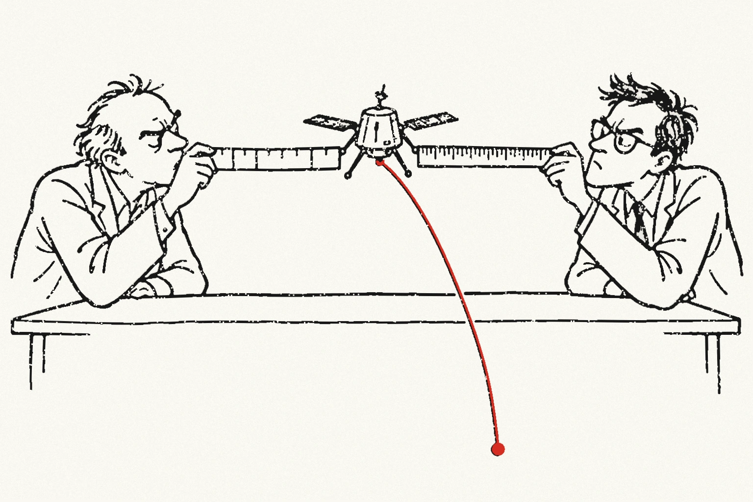 Two engineers measure a small spacecraft with differently divided rulers while a red trajectory drops below both measurements.