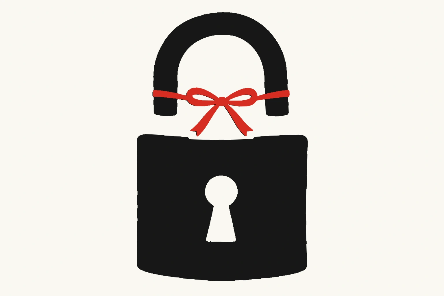 An open black padlock whose shackle is joined to the body only by a thin red ceremonial ribbon and bow.