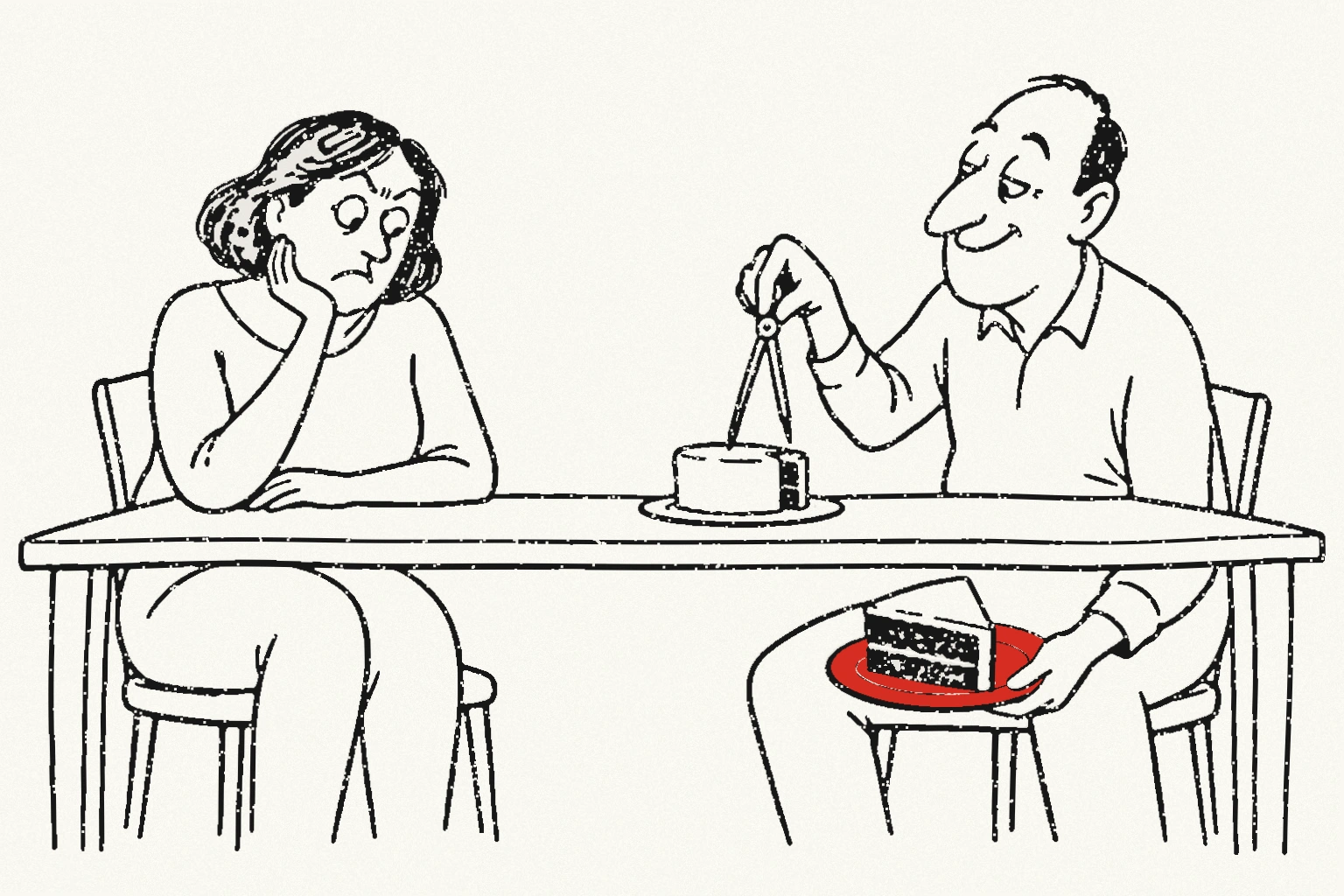 A man measures a tiny cake slice with a compass while hiding a huge piece on a red plate below the table; a woman watches the hidden plate.