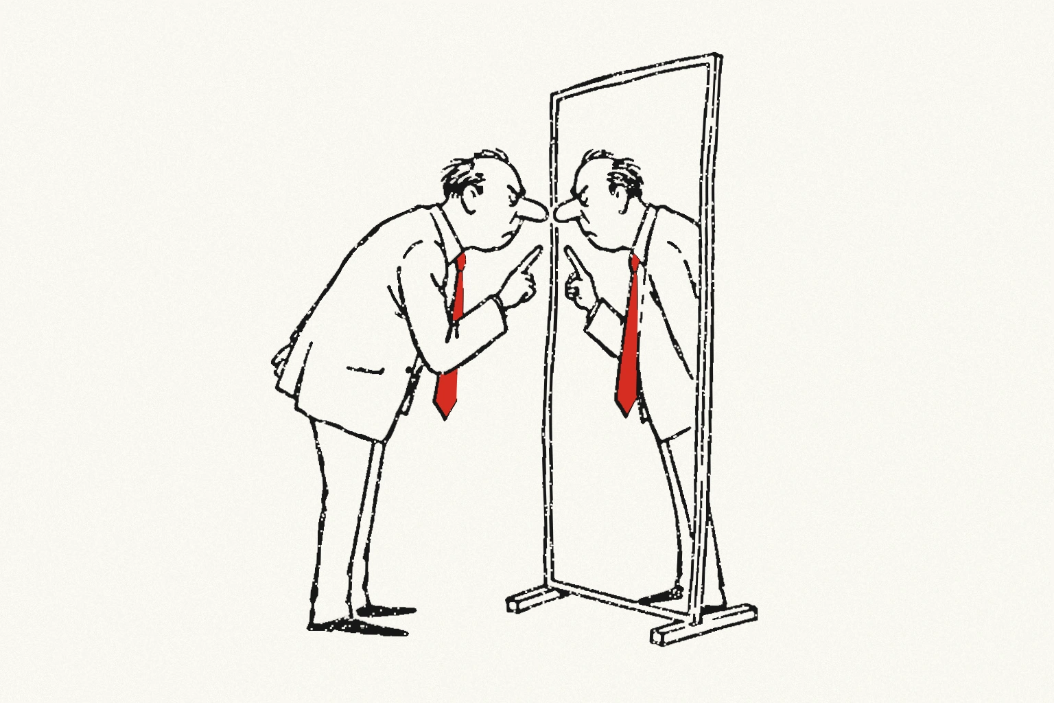 A man in a jacket and red tie wags a finger at his reflection in a freestanding mirror; the reflection returns the gesture.