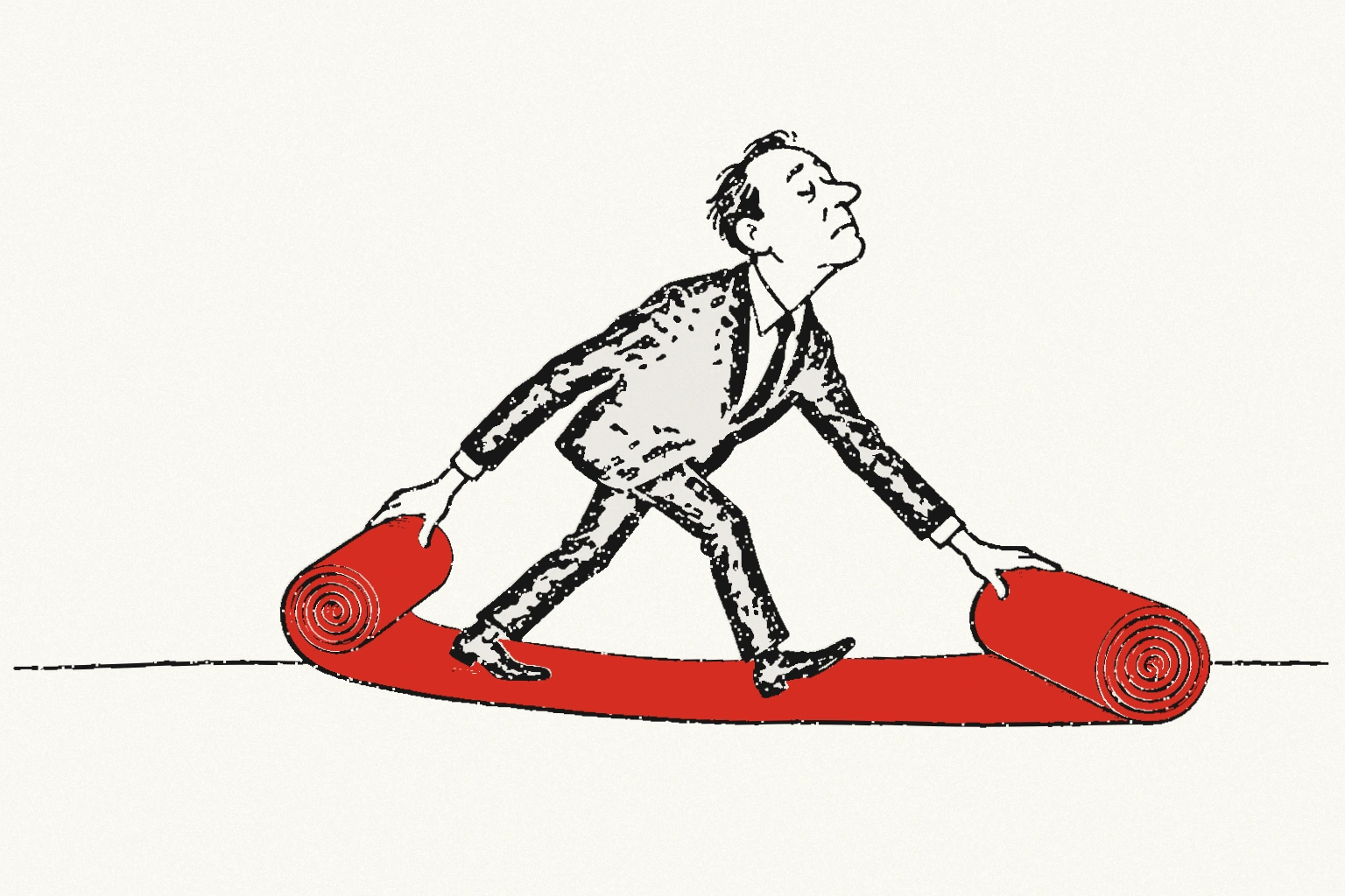 A formally dressed man walks along a red carpet while rolling it up behind himself and unrolling it ahead.