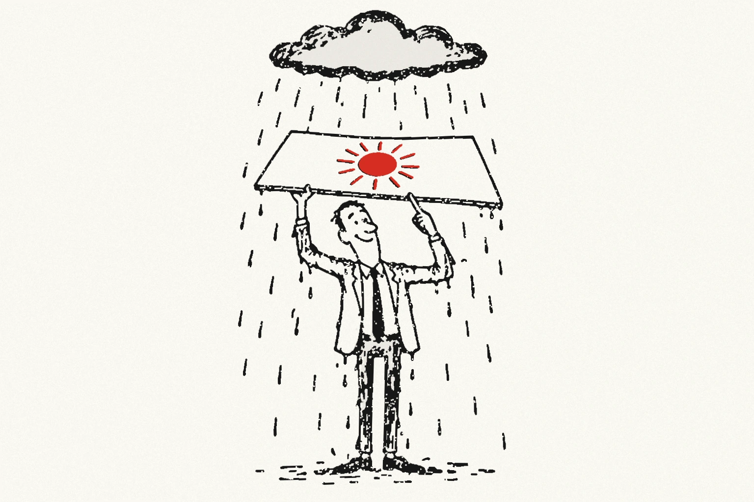 A soaked presenter holds a board with a red sun over his head and confidently points to it while rain falls from a black cloud.