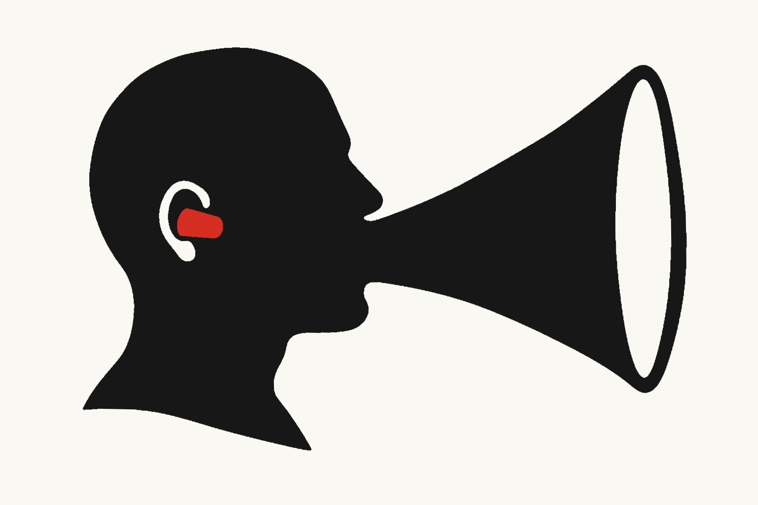 A black profile has a megaphone for a mouth and a red earplug in its ear.