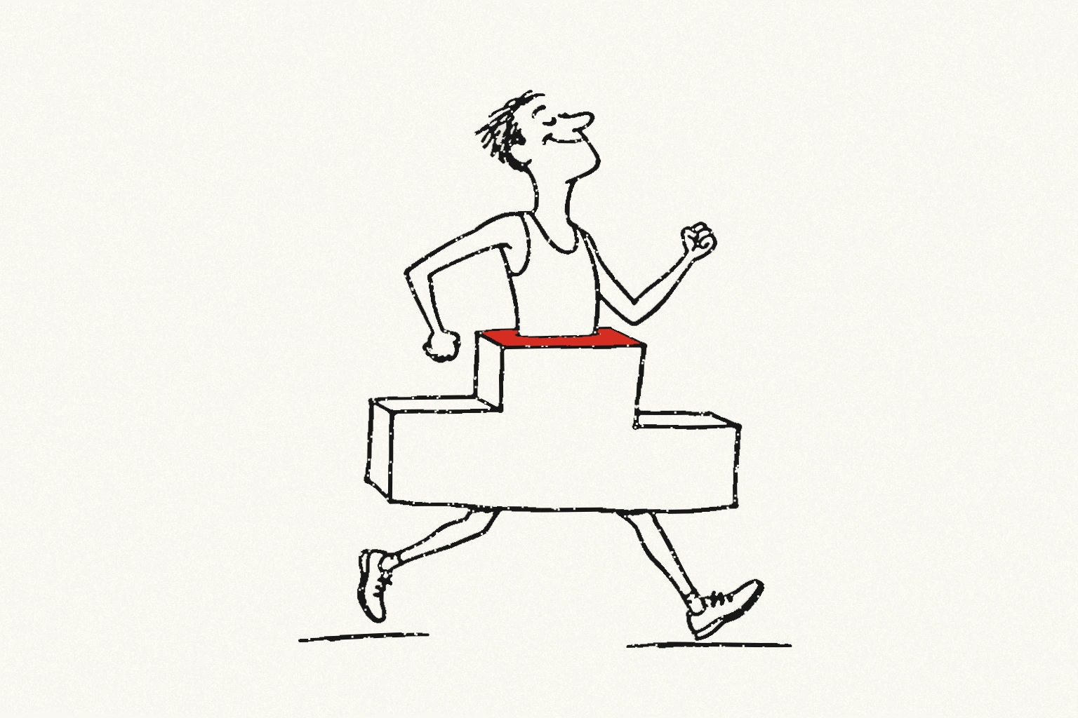 A runner wears a three-step winners' podium around his waist; his legs run beneath it and the red top step surrounds his torso.