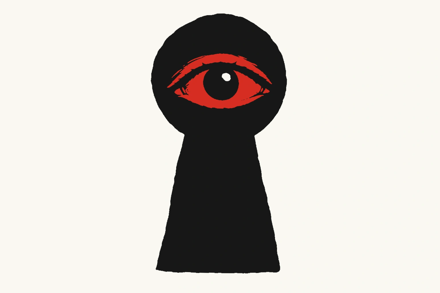A red eye looks out at the reader from a solid black keyhole silhouette.