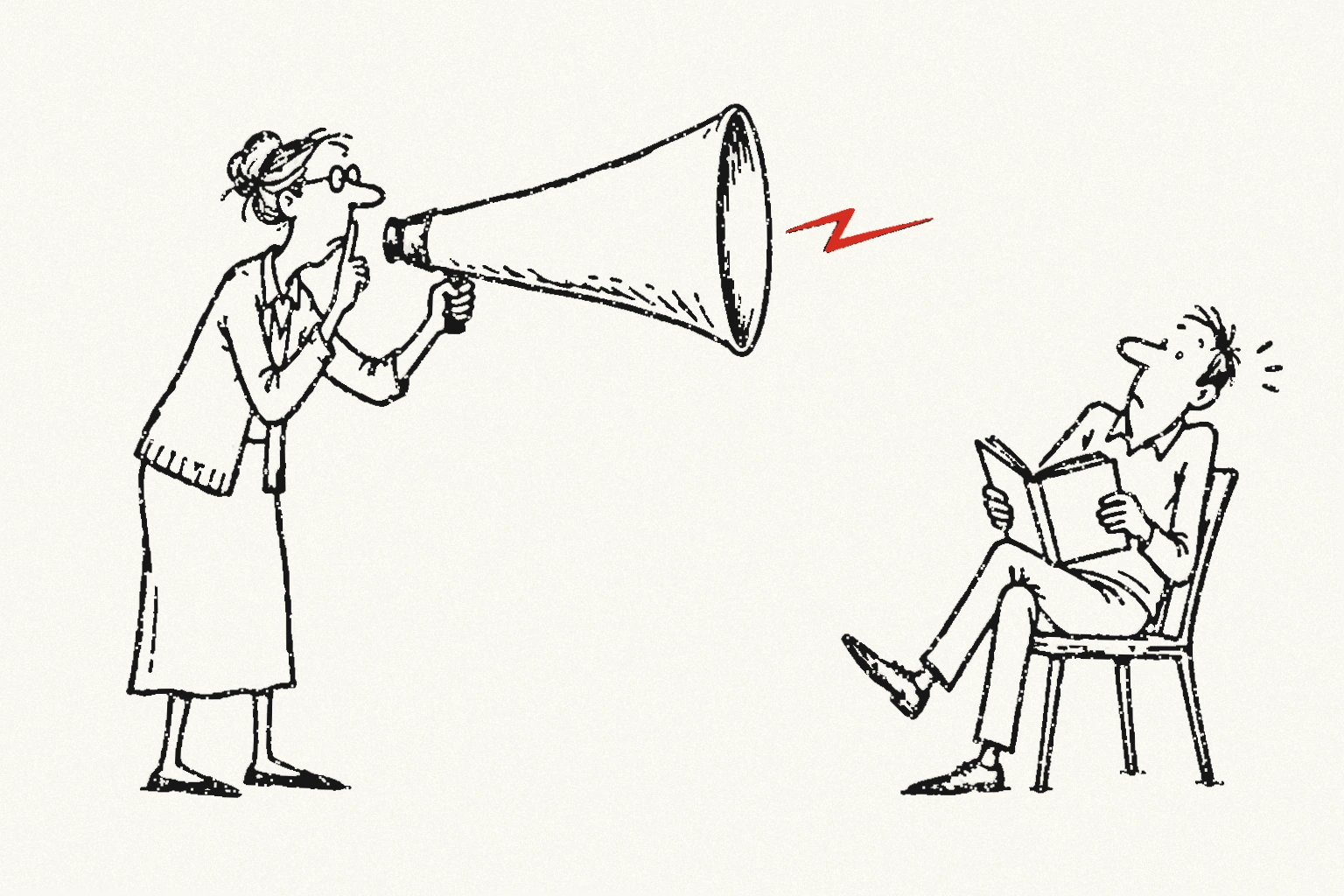 A librarian shushes a reader with a finger to her lips and an enormous megaphone; a single red zigzag marks its sound.